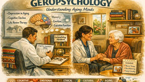 artistic representation of the field of geropsychology with one doctor on left and another on the right with elderly patient