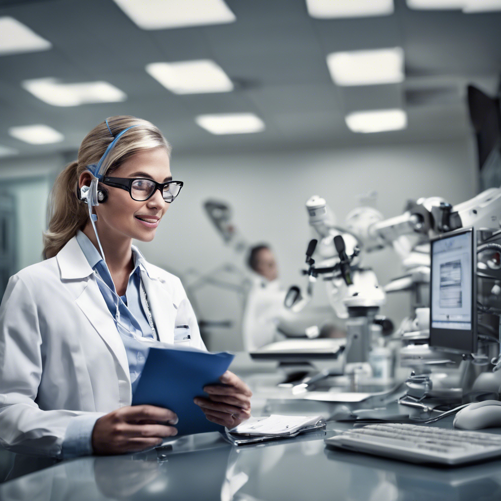 Scientist in glasses, headset, and lab coat holds blue folder in modern lab with microscopes and computers, creating a focused ambiance.