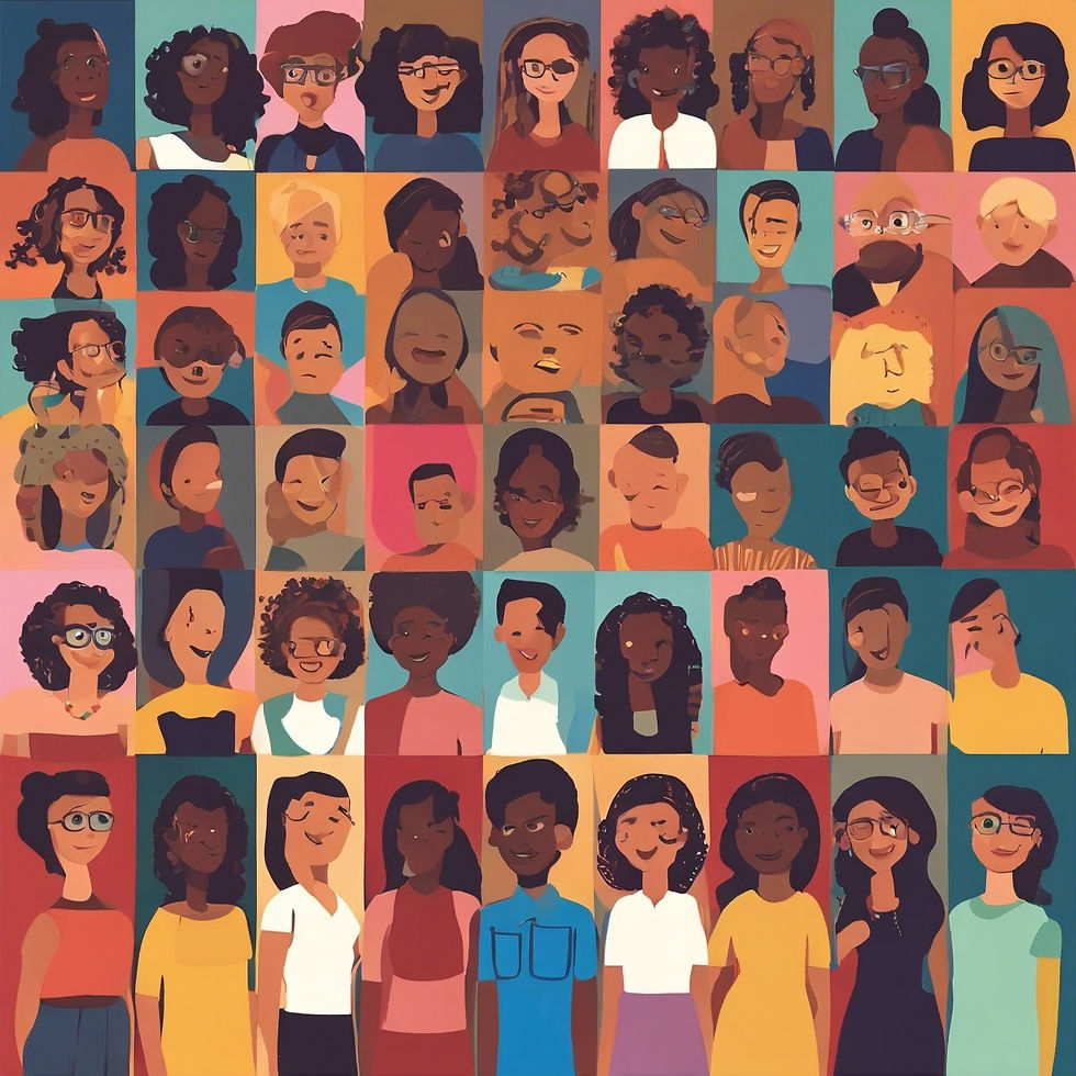 Collage of diverse, smiling cartoon faces, with various hairstyles and colorful backgrounds. The image conveys positivity and unity.