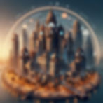 Futuristic cityscape with ornate skyscrapers on a circular island. Warm, glowing lights and a digital clock graphic arch in the background.