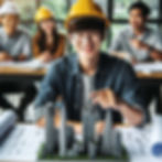 Smiling young man in glasses and yellow hardhat points at skyscraper model on desk, with colleagues and blueprints in modern office.