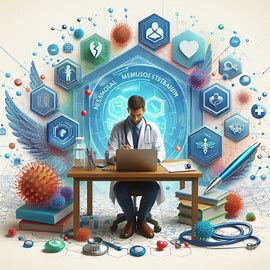 A student of computer science and informatics surrounded by symbols of the trade, working on his laptop