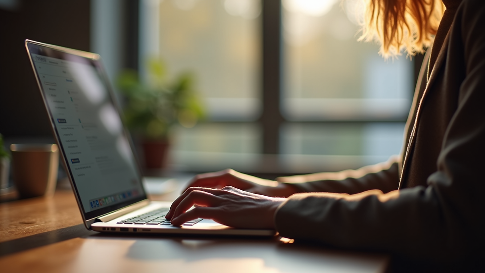 Eye-level view of a person typing on a laptop in a cozy workspace