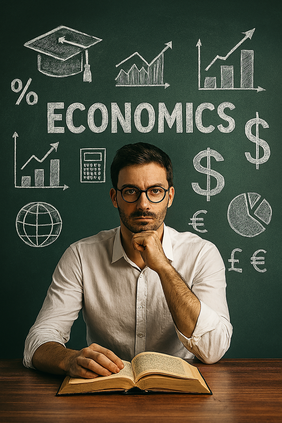bearded man in long sleeved white shirt sits in front of a blackboard with an open book and economic symbols