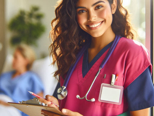 Smiling nurse in pink scrubs holds clipboard, standing by window. A patient in blue is blurred in the background. Sunlight streams in.
