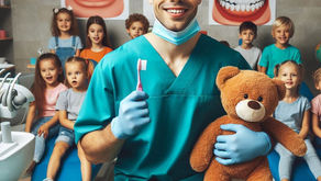 Dentist in teal scrubs holds toothbrush and teddy bear, smiling with kids in dental chairs. Bright, playful posters of teeth in background.