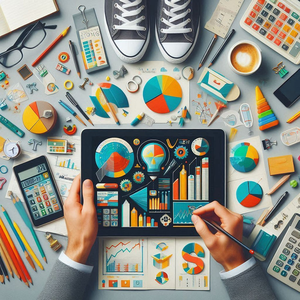 Hands hold a tablet displaying colorful graphs. Surrounded by office supplies: notebooks, pencils, coffee cup, shoes. Vibrant and organized.