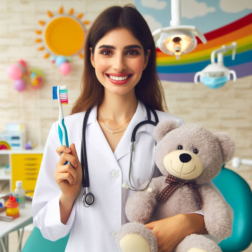 Smiling woman in a white coat holds a colorful toothbrush and teddy bear in a bright dentist's office with rainbow decor.