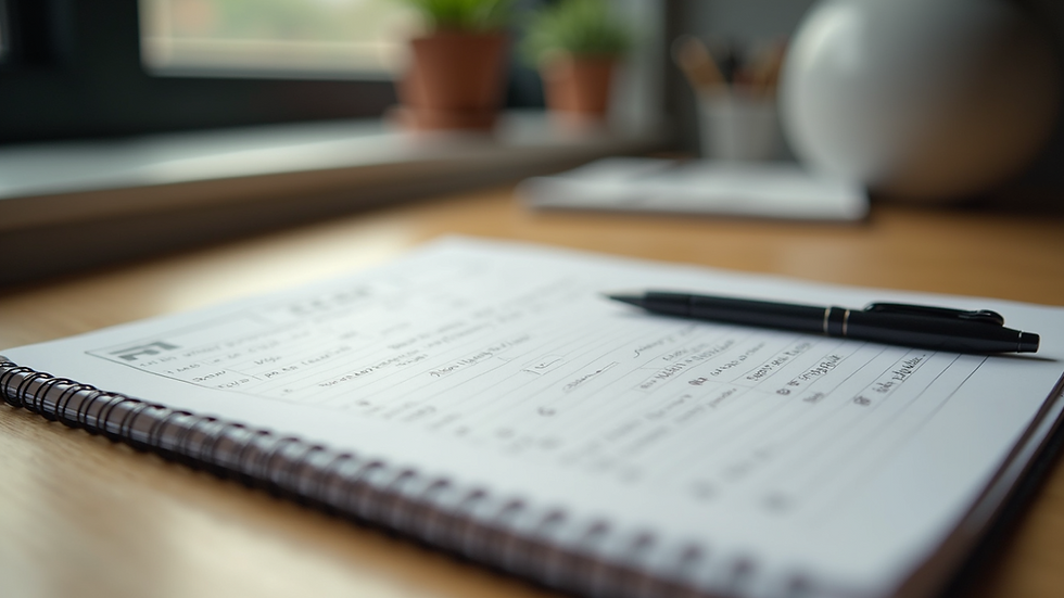 Close-up view of a notebook with STEM project notes and a pen on a wooden desk