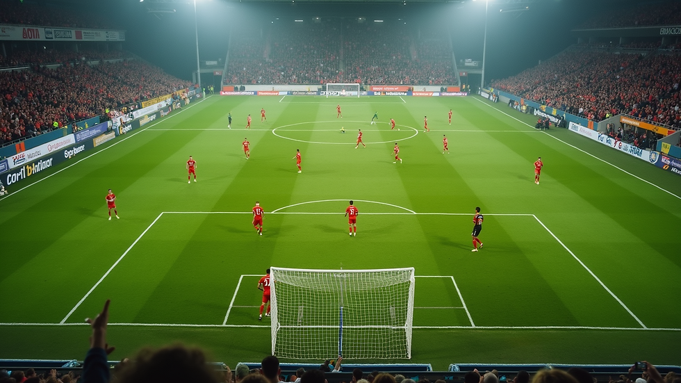 Eye-level view of a soccer field with players arranged in a 4-4-2 formation