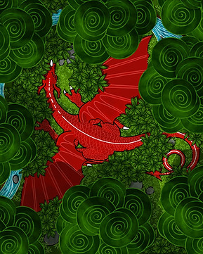 illustration of welsh dragon amongst a forest of trees