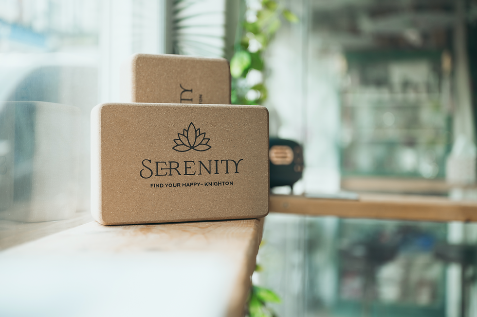 Two Serenity yoga blocks on a windowsill with text: Find your happy.