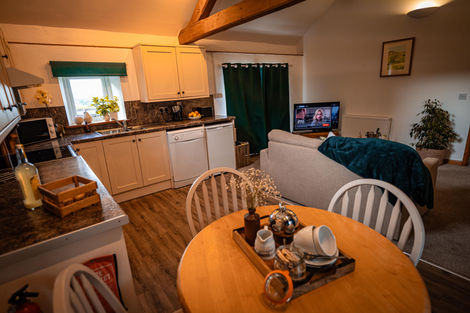Open-plan kitchen and living area with dining table