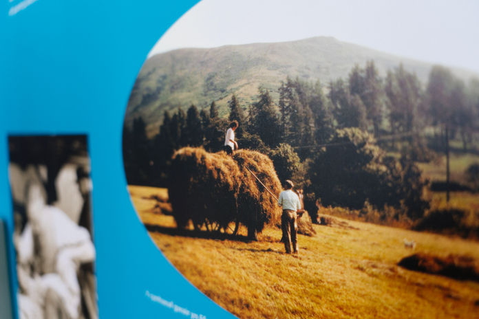 close up of an old photograph of a farmer throwing hay on a wagon