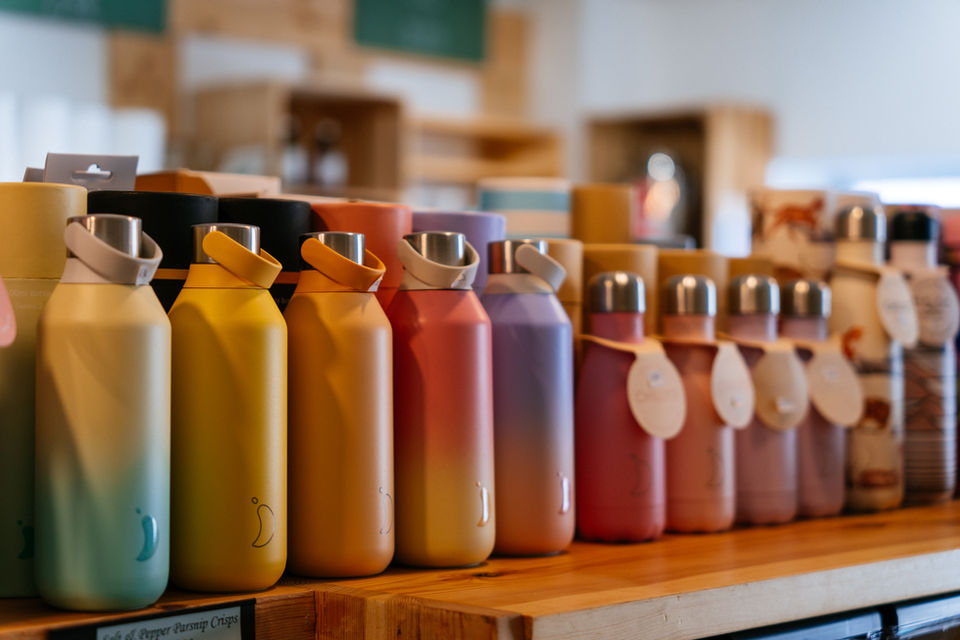 Colourful water bottles on display