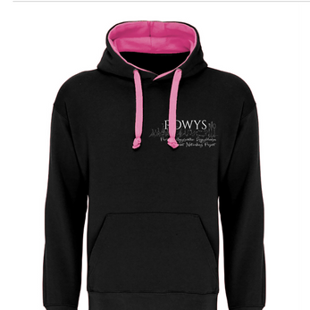 Black hoodie with pink lining, Powys text