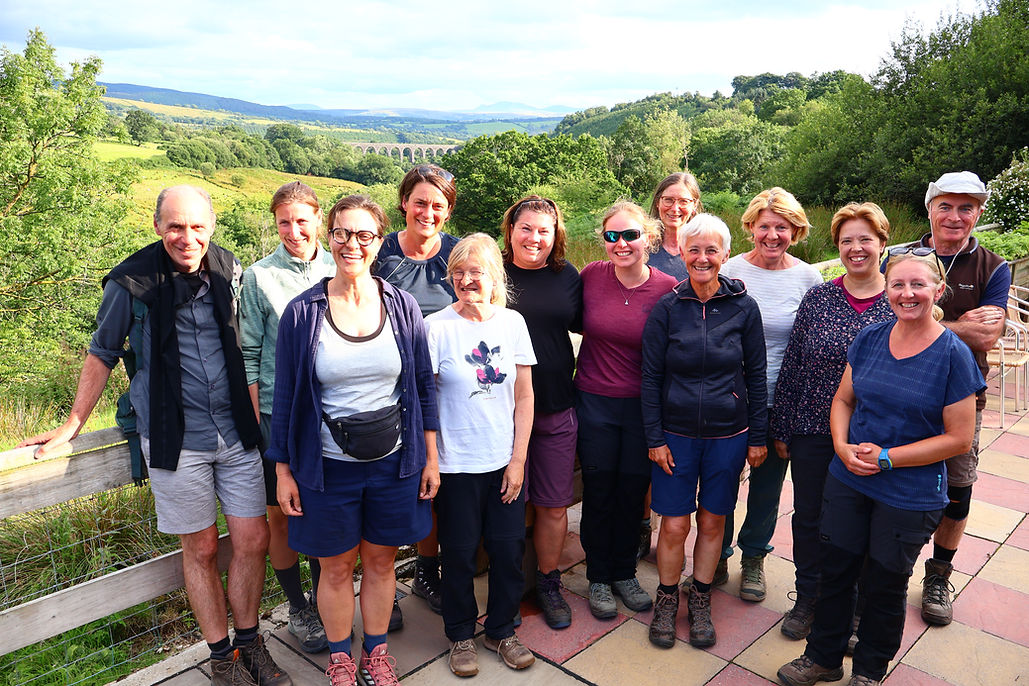 Smiling group of corporate hikers outdoors in the countryside.