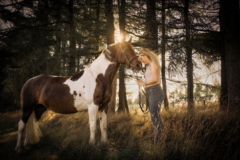 Woman bonding with paint horse in woods