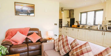 Bright open-plan living room and kitchen with comfortable sofas.