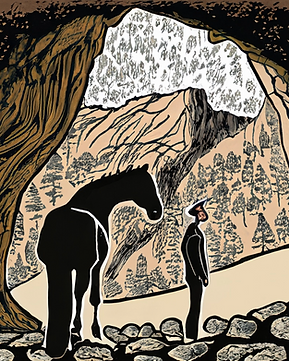 illustration of man and horse in a cave entrance