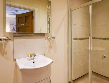Modern bathroom with white sink, mirror, and tiled walk-in shower.