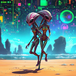 In a colorful tech background, two tall