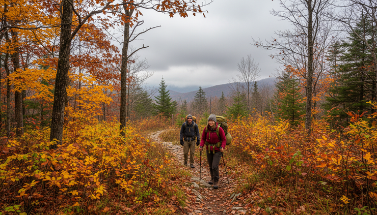 Wide-angle view of hikers on a North Georgia trail with bright fall leaves and a cloudy sky.
