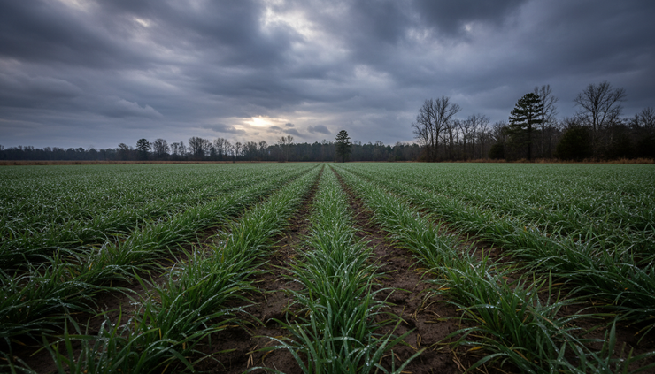 Eye-level view of raindrops on a rural Georgia farm field with dark clouds beyond the tree line.