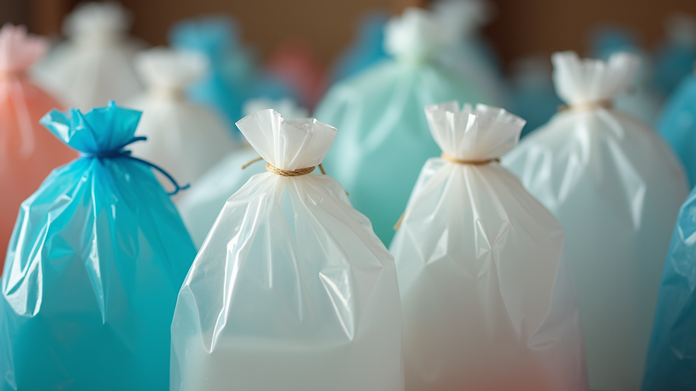 Close-up view of various plastic bags and packaging materials