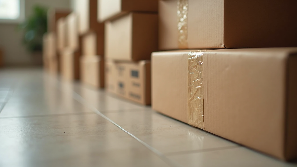 Eye-level view of stacked cardboard boxes sealed with clear packing tape
