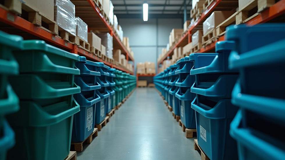 Eye-level view of stacked plastic storage containers in a warehouse