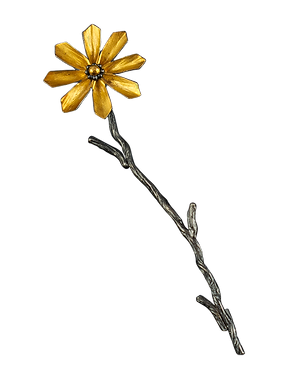 A twig textured stick pin with a hinged gold overlay flower