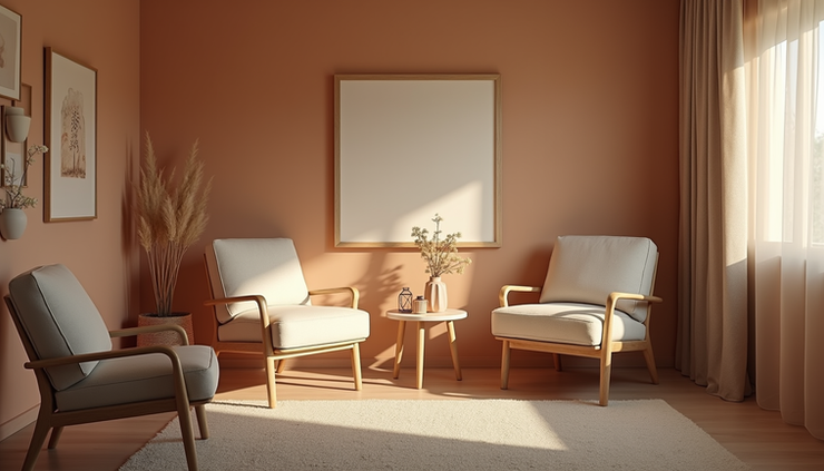 Eye-level view of a cozy therapy room with comfortable chairs and soft lighting