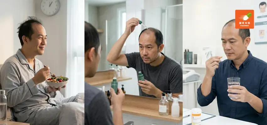 男士使用生髮產品及服用藥物處理脫髮問題的示意圖