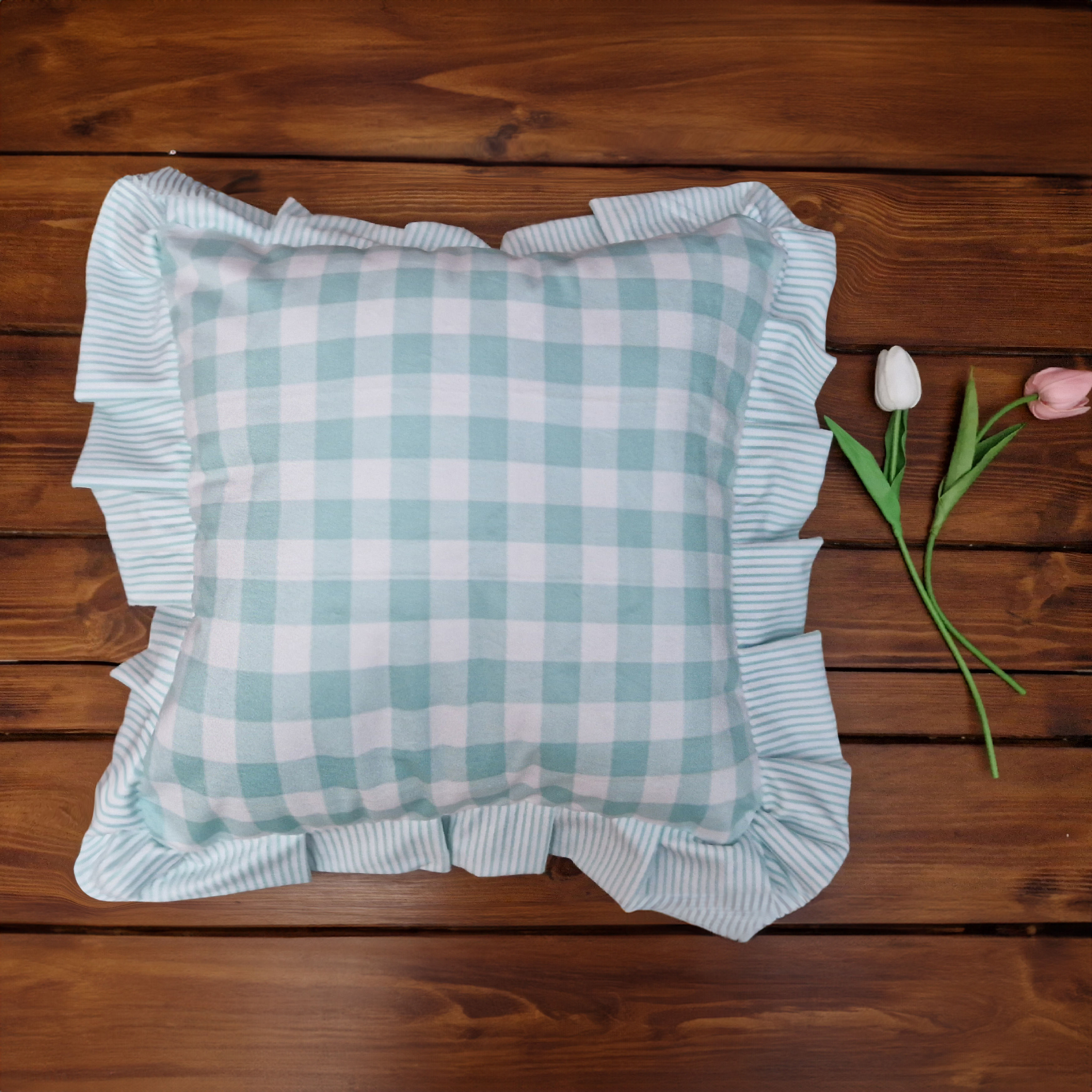 Mint Ruffle Gingham Plaid Velvet Cushion