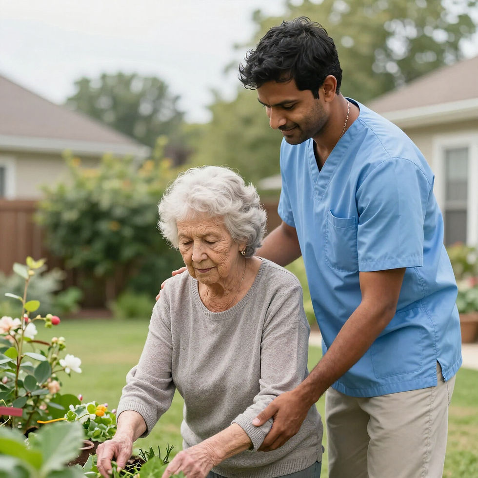 male caregiver assisting elderly woman in garden