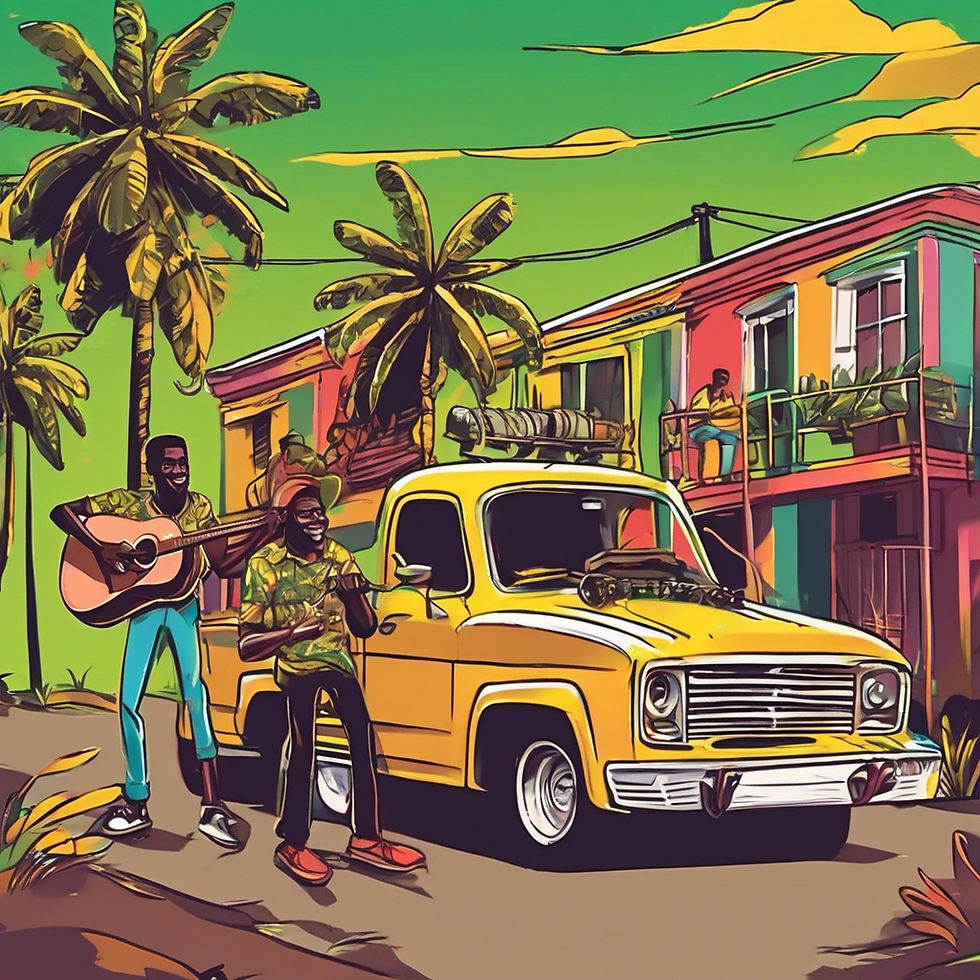 two guys playing music on a pickup truck with colors of Jamaica.jpg