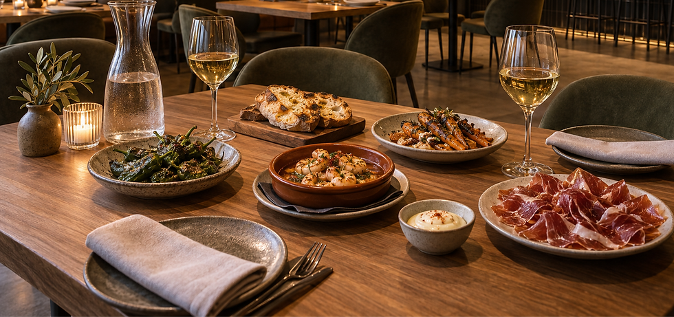 Restaurant table spread with tapas, white wine, and cured ham