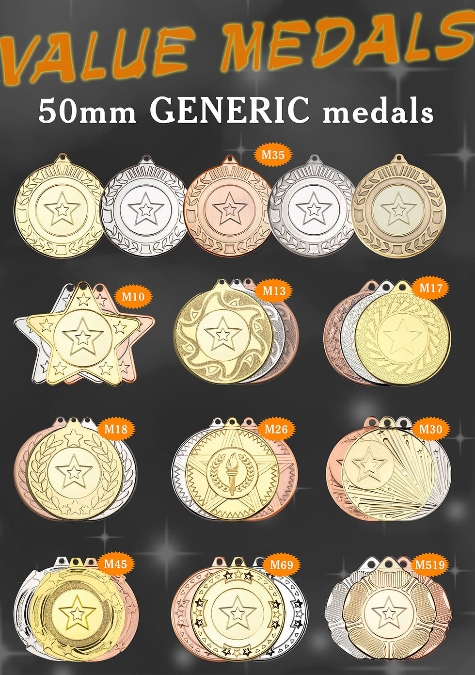 Collection of 50mm generic value medals in gold, silver, and bronze finishes