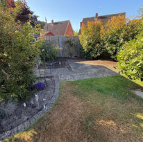 A back with a mix of green and brown grass, bordered by dense greenery and bushes