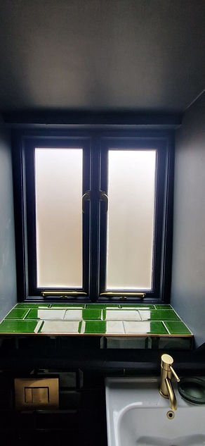 Black double doors with frosted glass panels above green tile flooring