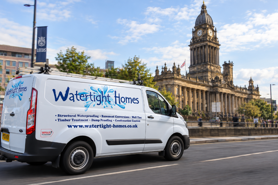 A van with the logo "Watertight Homes" driving past a historic building in Leeds.