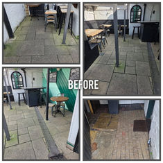 Dirty commercial outdoor seating area before cleaning