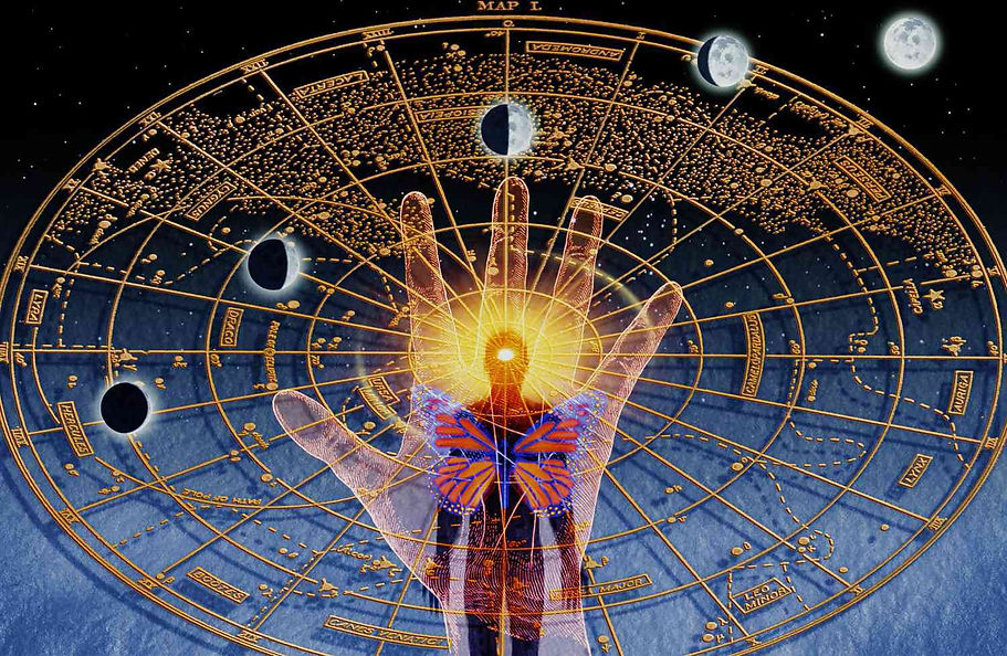 A glowing hand reaches towards an orb of light at the centre of a star chart, surrounded by planets