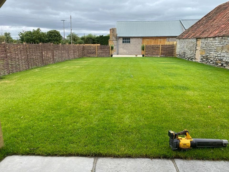 Perfectly manicured green lawn with stone walling and woven fencing in Somerset