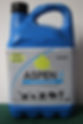 Blue 5-liter container labeled "Aspen 4" for 4-stroke engines. Features icons of outdoor tools