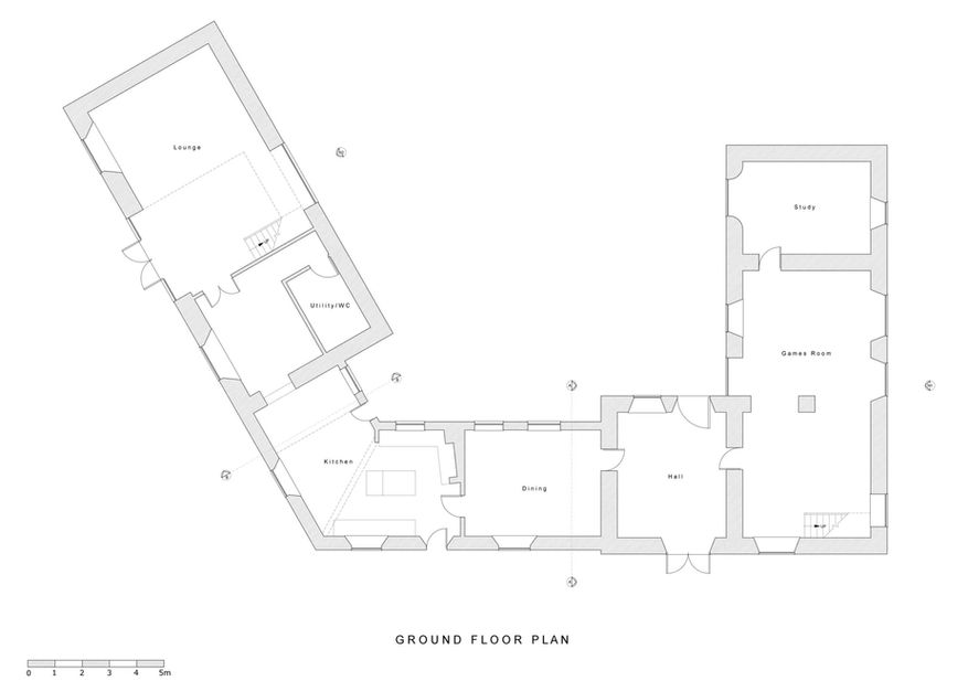 Floor plan of a house showing rooms labeled: lounge, utility/WC, kitchen, dining, study, games room