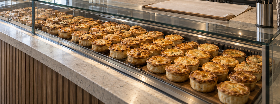 Rows of golden-baked meat pies displayed in a glass bakery counter