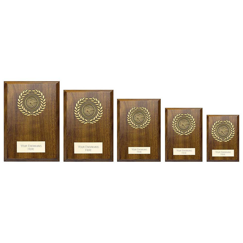 Five wooden award plaques in graduated sizes with gold laurel wreath medallions and engraving plates