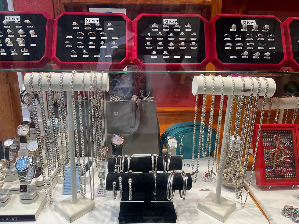 A jewelry store display with silver necklaces, rings on red velvet stands, and watches